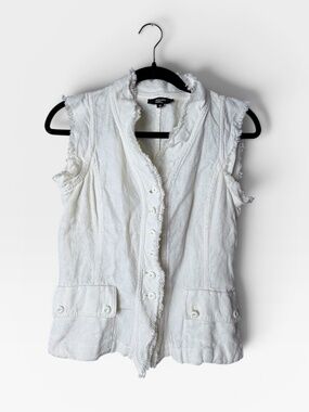 Philippe Adec Linen Vest Size 4 White Fringe Casual Summer Boho (A)